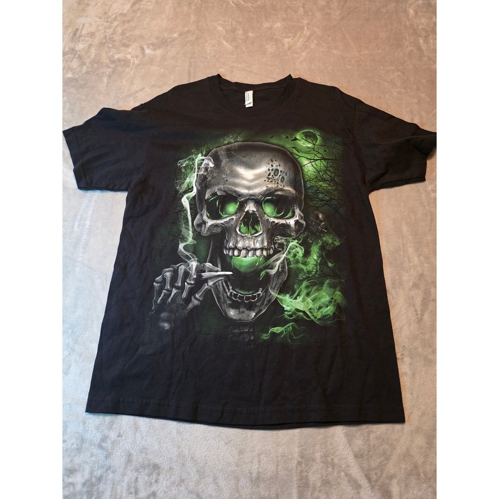 American Apparel T-Shirt Mens Large Black Smoking Skull Glow Graphic